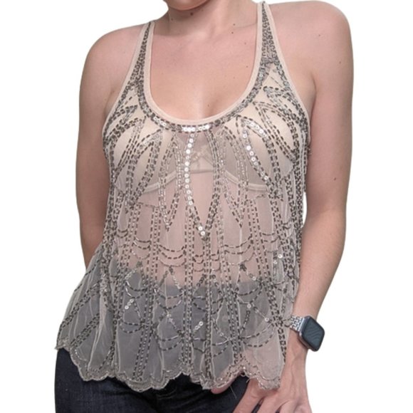 Luxury mesh beaded embroidered camisole top tank formal see through scallop s - Picture 1 of 5